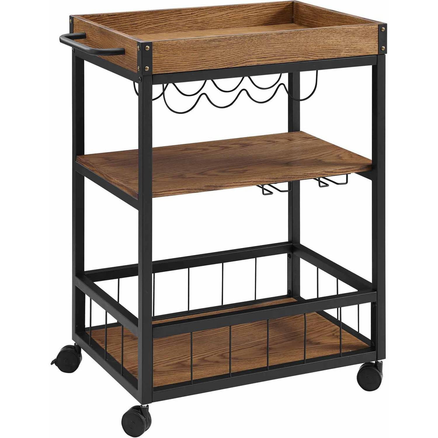 Austin Black Metal and Wood Rolling Kitchen Cart with Storage