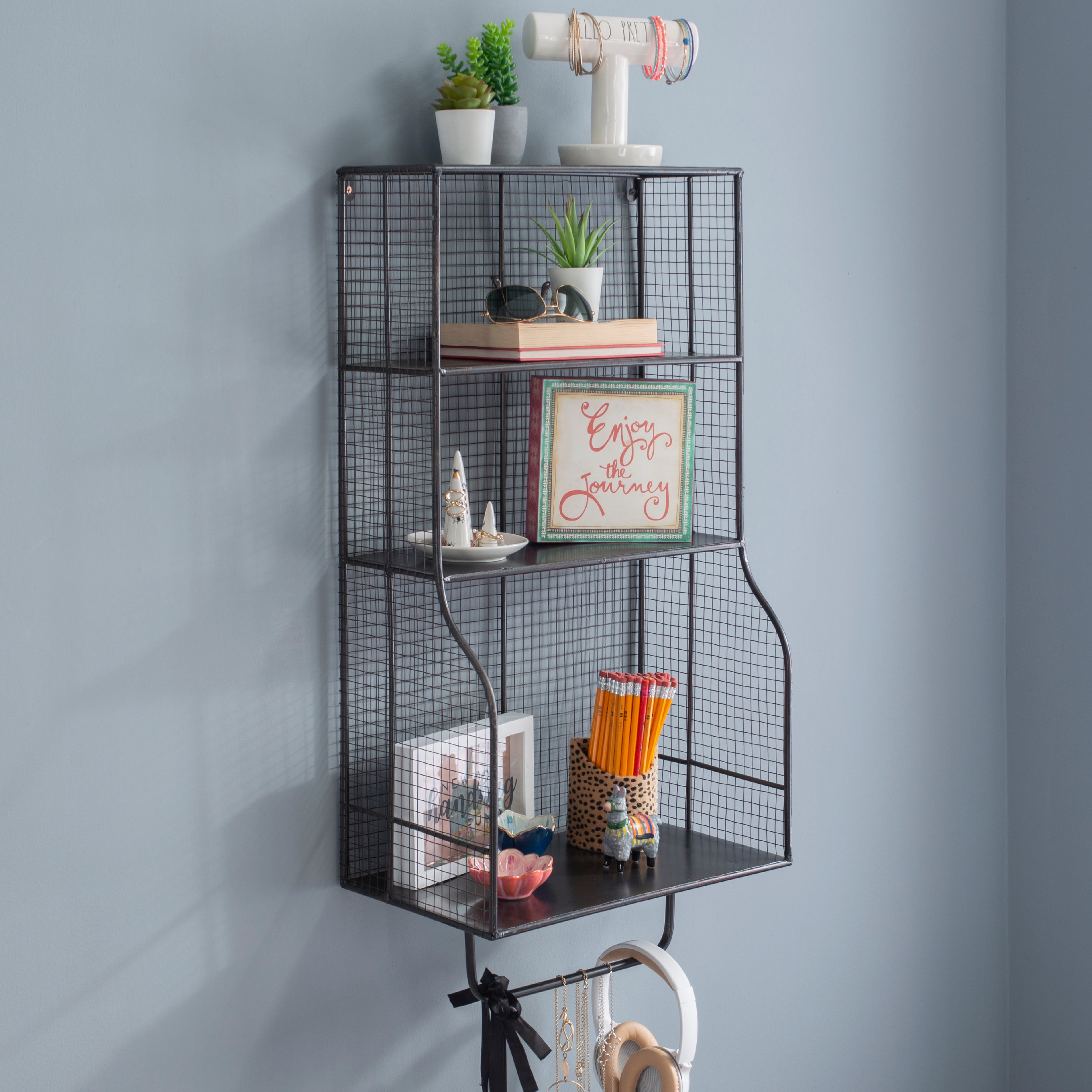 Black Chicken Wire Wall Hanging Organizer Shelf, 3-Tiers