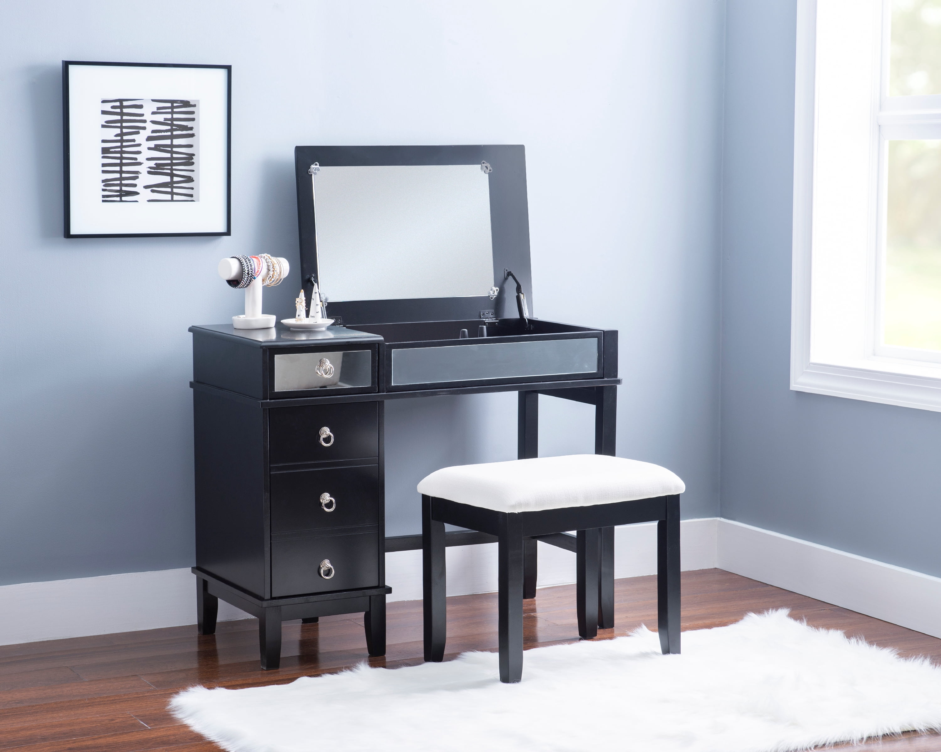 Free Shipping! Linon Bethal 2-Piece Vanity Set Black with Flip-Top