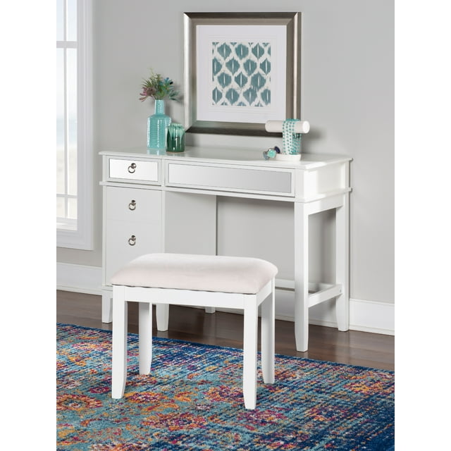 Linon 2 Piece Adult Timeless Storage Vanity and Stool Table Set White