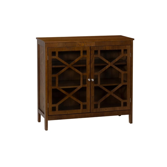 Linon Betty Small Storage Cabinet Decorative Glass Door in Brown Stained Wood