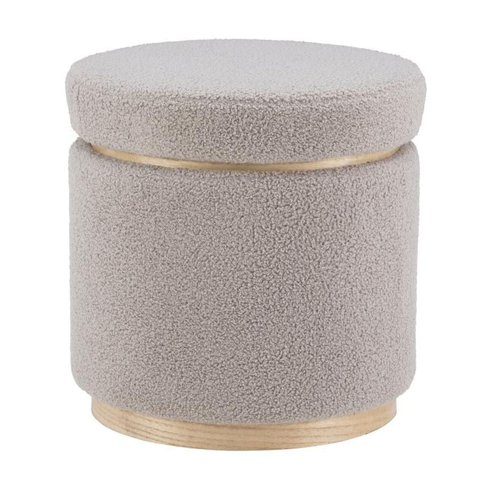 Light Gray Sherpa Round Storage Ottoman with Pinewood Trim