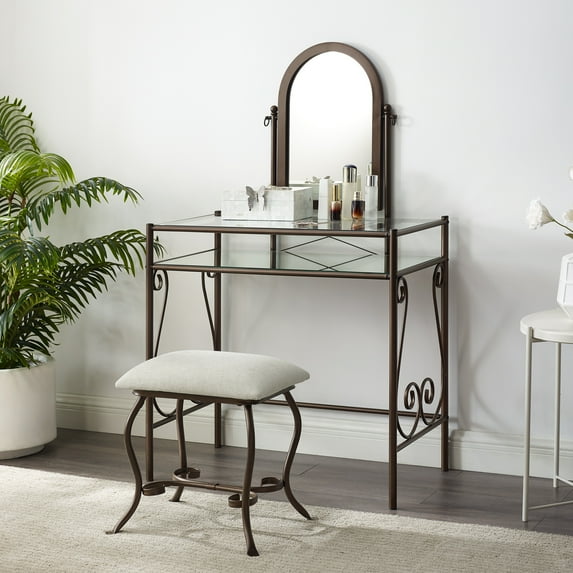 Linon Bonview 2-Piece Vanity Set, Includes Vanity and Bench, Dark Metal Finish with Beige Linen Fabric