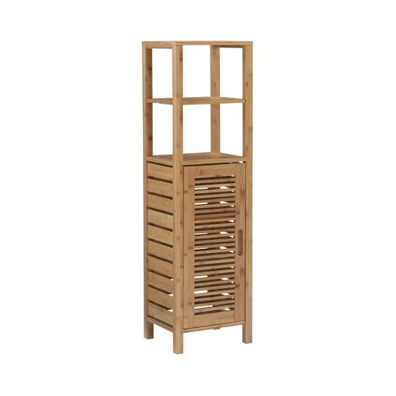 Linon Bracken 4 Shelf 1 Door Bathroom Storage Linen Tower Cabinet, Bamboo