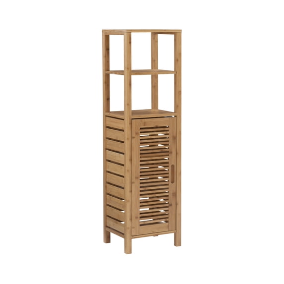 Linon Bracken 4 Shelf 1 Door Bathroom Storage Linen Tower Cabinet, Bamboo