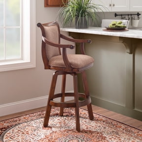 Linon Brandon Upholstered 30" Wood Swivel Bar Stool with Arms in Warm Cherry
