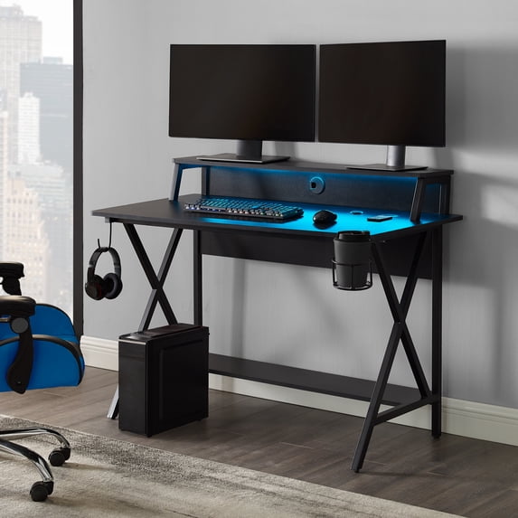 Linon Braxton Gaming Desk with Shelf and Multi-Color LED Lights, 47" W x 23.5" D, Black Finish