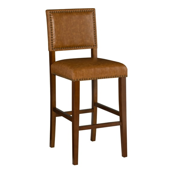 Linon Bristol 30" High Back Bar Stool, Walnut/Dark Caramel Faux Leather