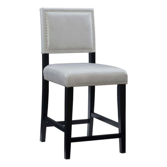 Linon Brook 24" Counter Stool Lt Gray Faux Leather Nailhead Trim in Black Wood