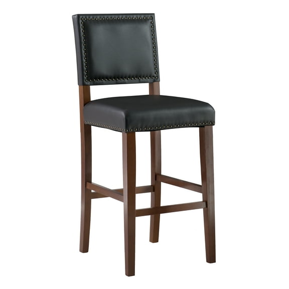 Linon Brook 30" High Back Bar Stool, Rustic Cherry/Black Faux Leather