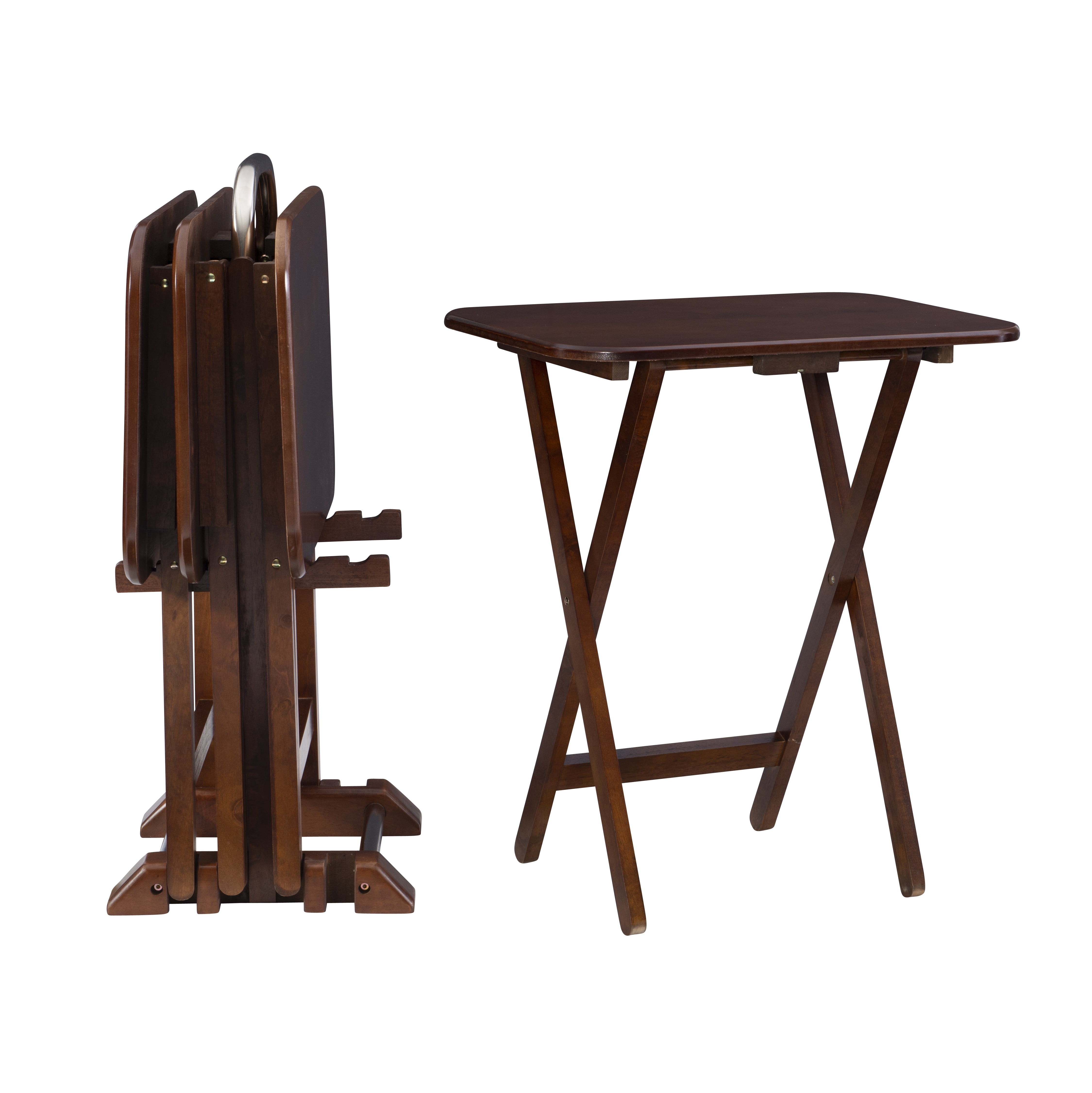 Burke Dark Cherry Wood Folding Tray Table Set with Chrome Handle