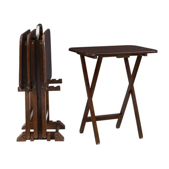Burke Folding Tray Table Set with Stand, 5 Pieces, Dark Cherry and White