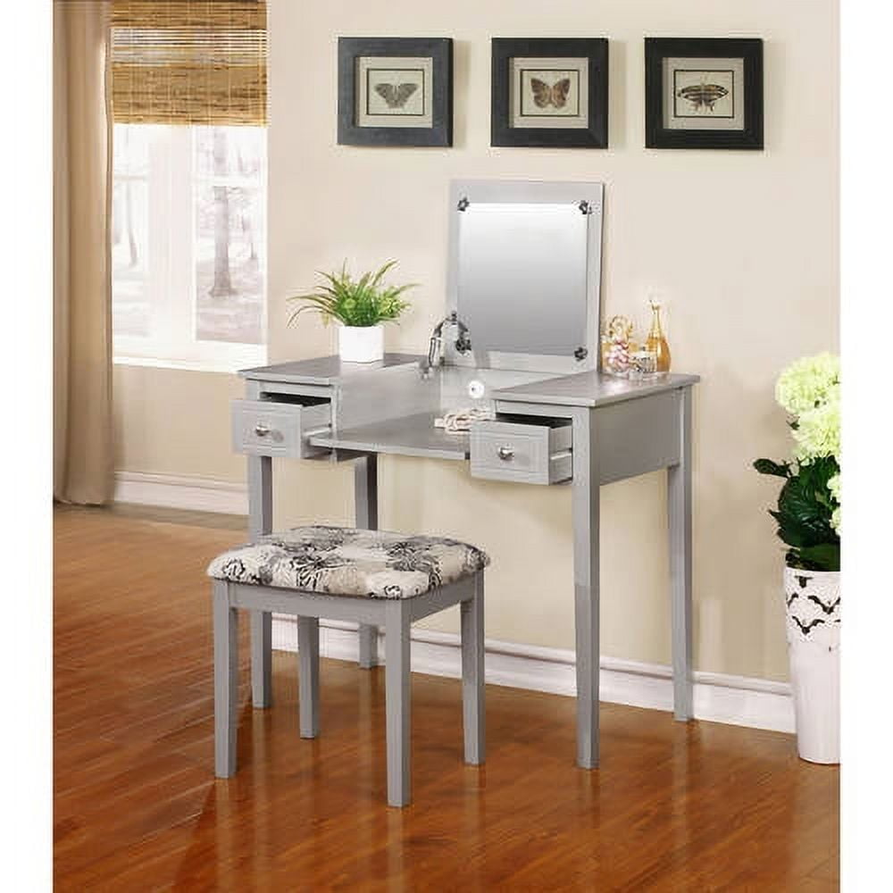 Linon Butterfly Vanity Set with Flip Top Mirror and Stool Silver