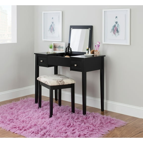 Linon Butterfly Vanity and Padded Stool Flip Up Mirror 2 Drawers in Black Wood