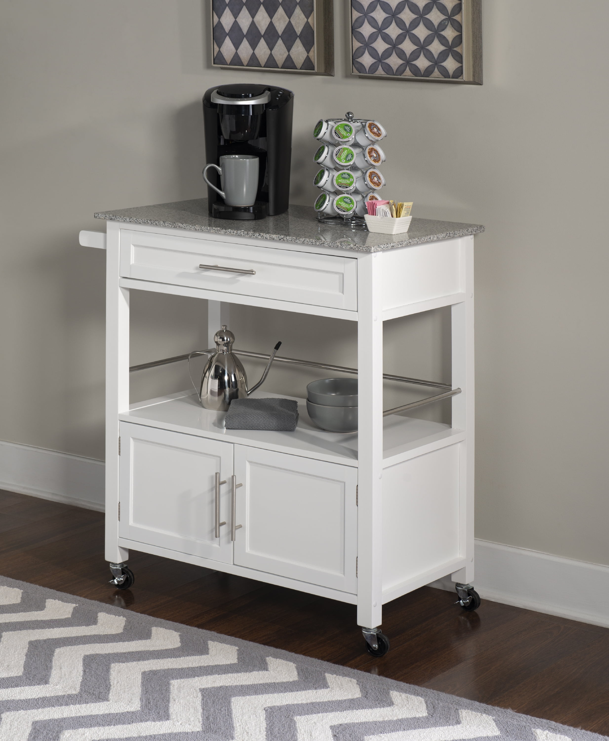 Linon Cameron Kitchen Cart with Granite Top, 36 inches Tall, White