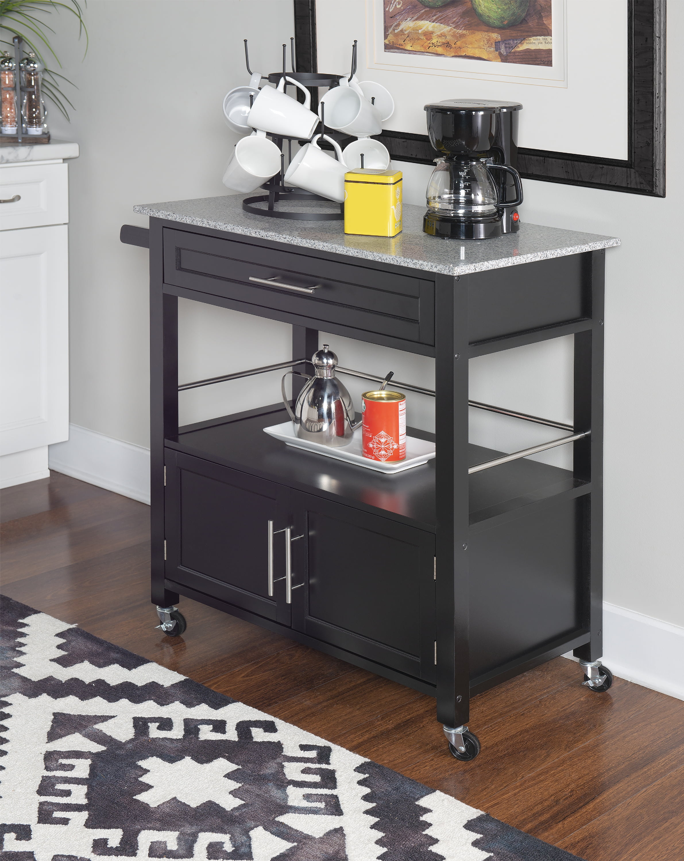 Black Granite Top Kitchen Cart with Storage and Wheels