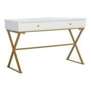 Linon Campaign Two Drawer Desk Gold Metal Criss Cross Legs Top in White Wood