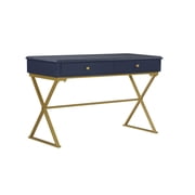 Linon Campaign Two Drawer Desk Gold Metal Criss Cross Legs Top in Blue Wood