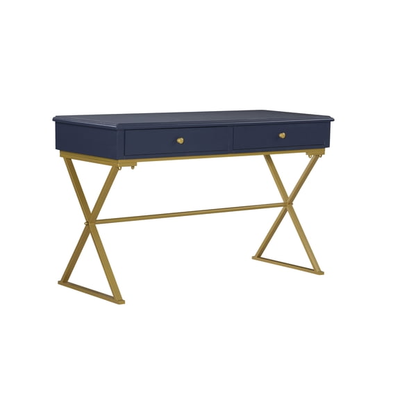 Linon 47" Campaign Style Metal Writing Desk with 2 Drawers, Blue/Gold