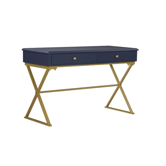 Linon 47" Campaign Style Metal Writing Desk with 2 Drawers, Blue/Gold
