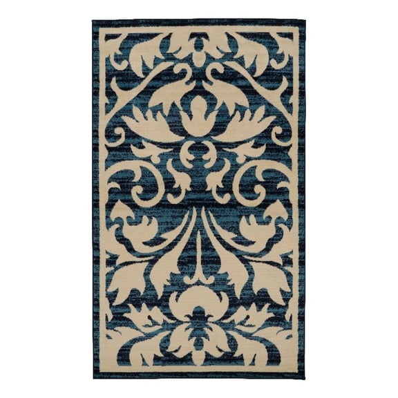 Linon Capri Damask Polypropylene 4'3"x7'3" Rug in Blue and Bone