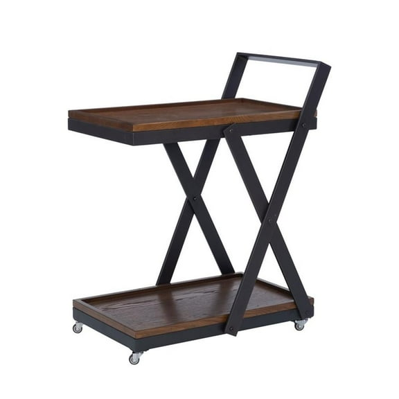 Linon Carley Dark Rustic Wood 2 Level Rolling Bar Cart with Metal Frame in Black