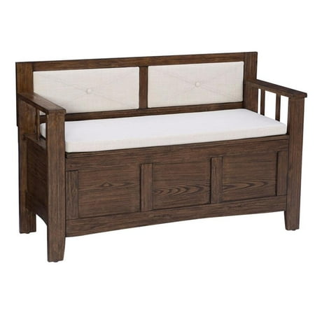 Linon Carlton Storage Bench Fabric Padded Back & Seat in Rustic Brown Wood