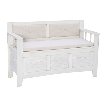 Linon Carlton Storage Bench Fabric Padded Back & Seat in Smokey White Wood