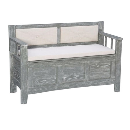 Linon Carlton Storage Bench Fabric Padded Back & Seat in Weathered Gray Wood