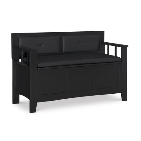 Linon Carlton Storage Bench Faux Leather Padded Back & Seat in Black Wood