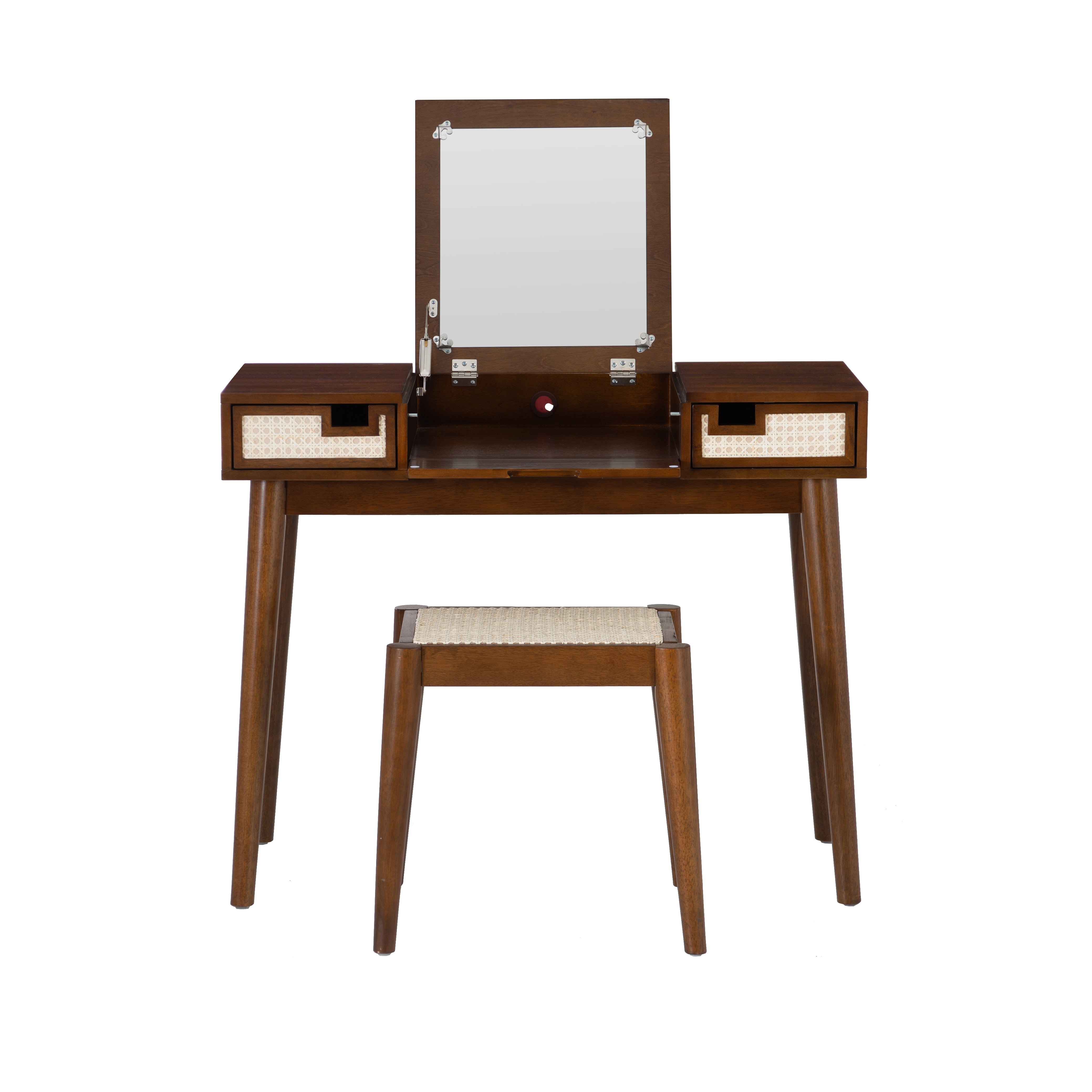 Linon Cassidie 2-Piece Cane Front Vanity Set with Mirror and Stool, Walnut
