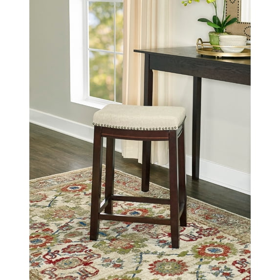 Linon Cessford 26" Backless Indoor Counter Stool, Dark Walnut and Beige Linen Fabric, Includes 1 Stool