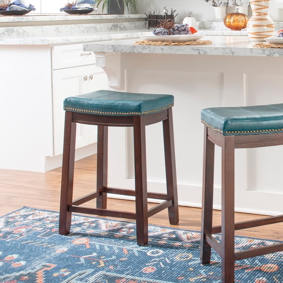 Linon Cessford 26" Backless Indoor Counter Stool, Dark Brown with Blue Faux Leather, Includes 1 Stool