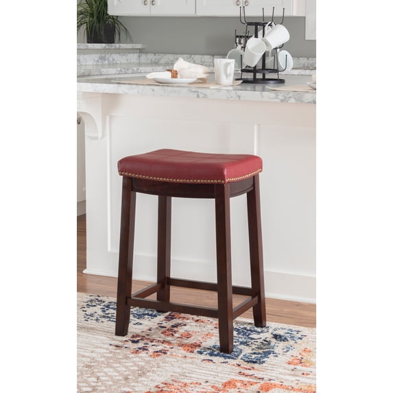Linon Cessford 26" Backless Indoor Counter Stool, Dark Brown with Red Faux Leather, Includes 1 Stool