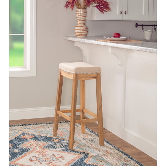 Linon Cessford 32" Backless Indoor Bar Stool, Rustic Brown with Natural Linen Fabric, Includes 1 Stool