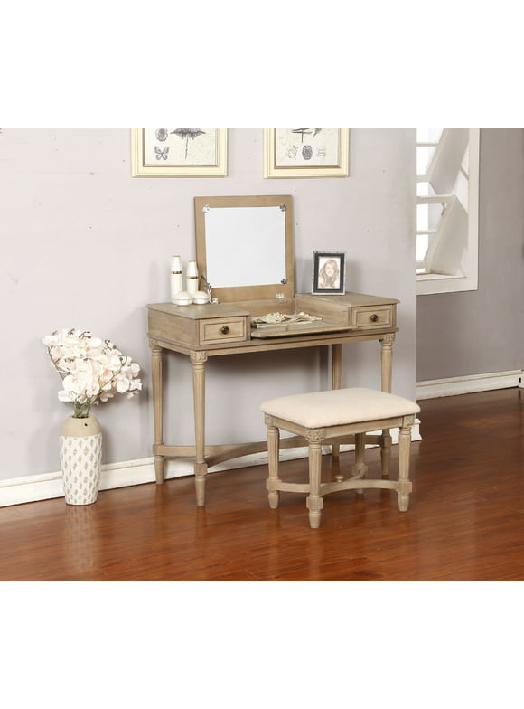Linon Chelsea 2-Piece Vanity Set, Includes Vanity with Flip-Top Mirror, and Bench, Gray Wash Finish with Beige Fabric