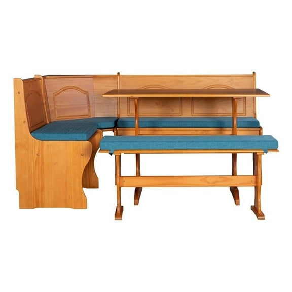 Linon Chelsea 3 Pc Honey Pine Nook Set with 4 Pc Polyester Cushion Set in Blue