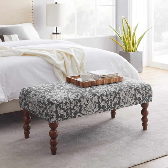 Linon Claire Wood Upholstered Damask Bench in Gray