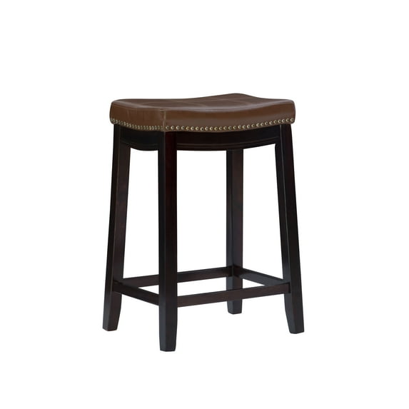 Linon Claridge 26.5" Backless Wood Counter Stool, Dark Brown with Cognac Faux Leather, Includes 1 Stool