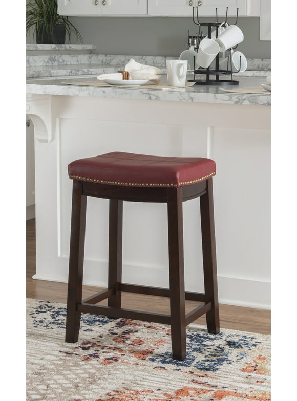 Linon Claridge 26" Backless Wood Counter Stool, Dark Brown with Red Faux Leather, Includes 1 Stool