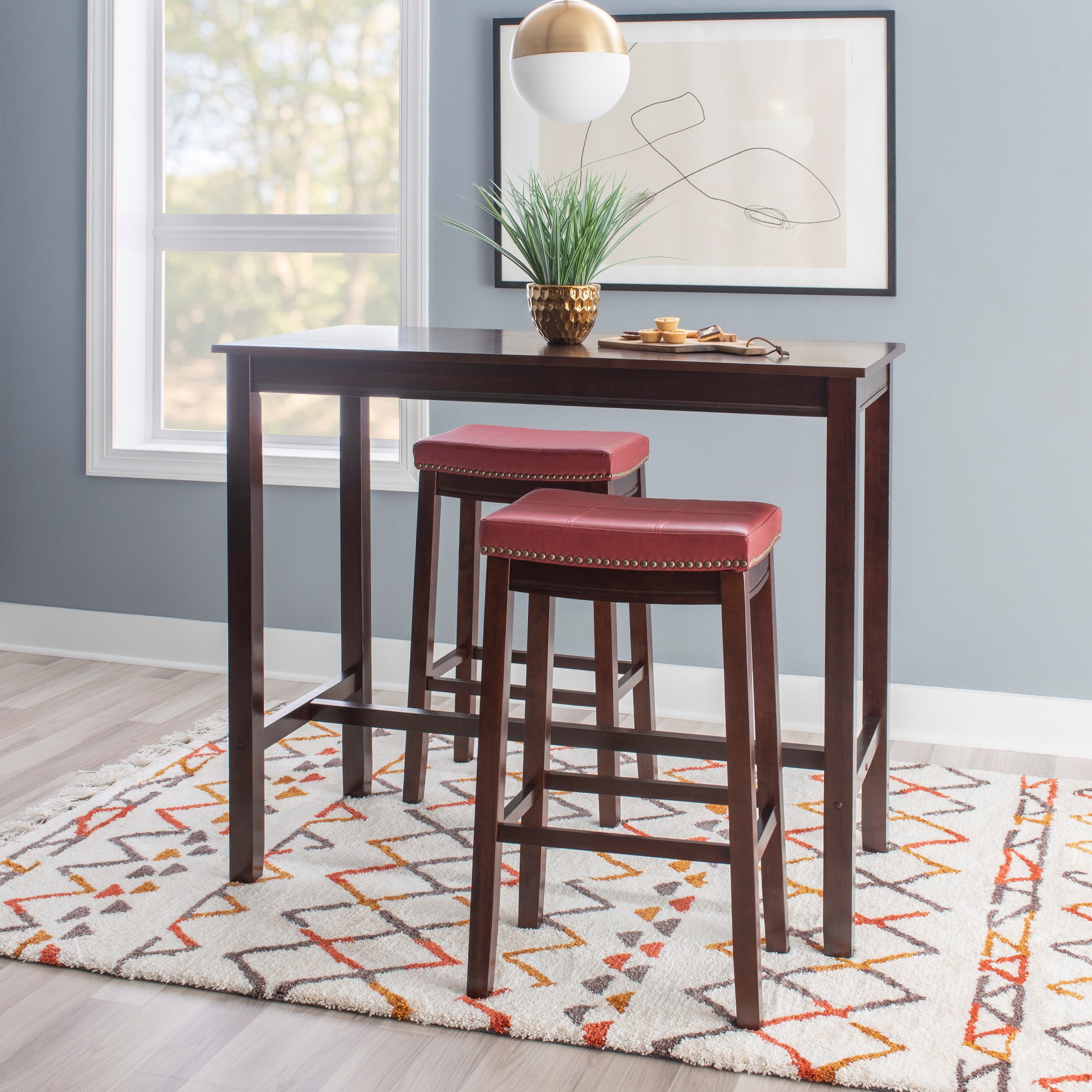 Linon Claridge 3-Piece Bar Height Tavern Set, Brown with Red Faux Leather
