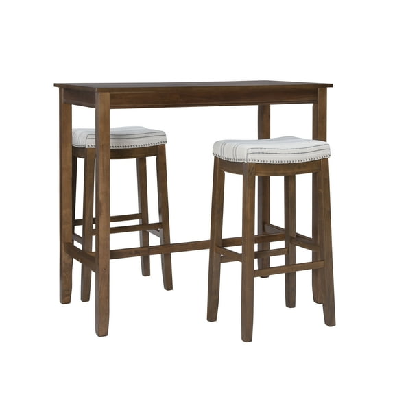 Linon Claridge 3-Piece Bar Height Tavern Set, Rustic Brown/Natural Linen Stripe