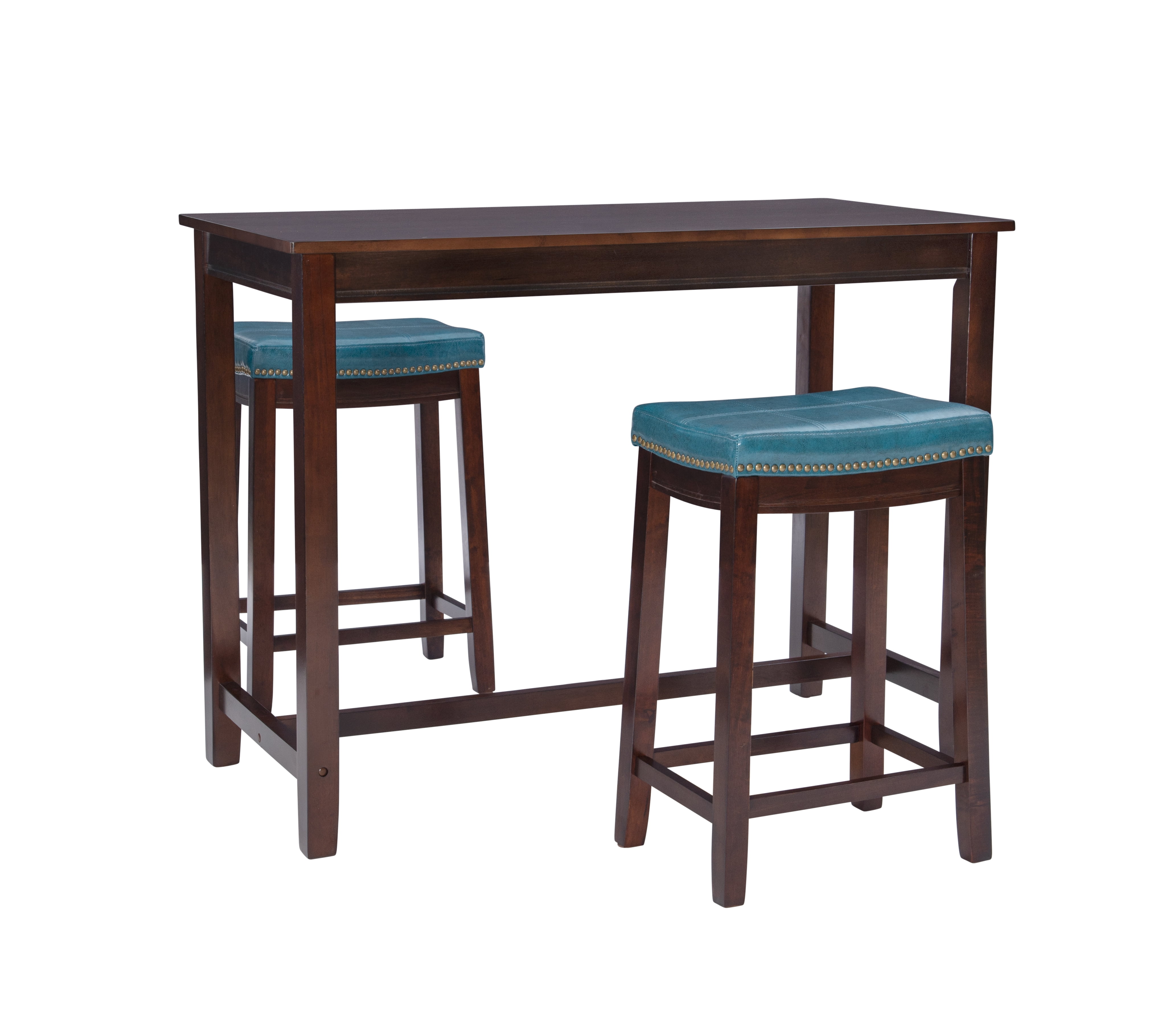 Linon Claridge 3-Piece Counter Height Tavern Set, Brown with Blue Faux Leather