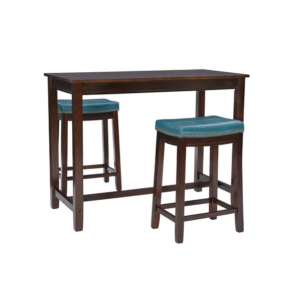 Linon Claridge 3-Piece Counter Height Tavern Set, Brown with Blue Faux Leather