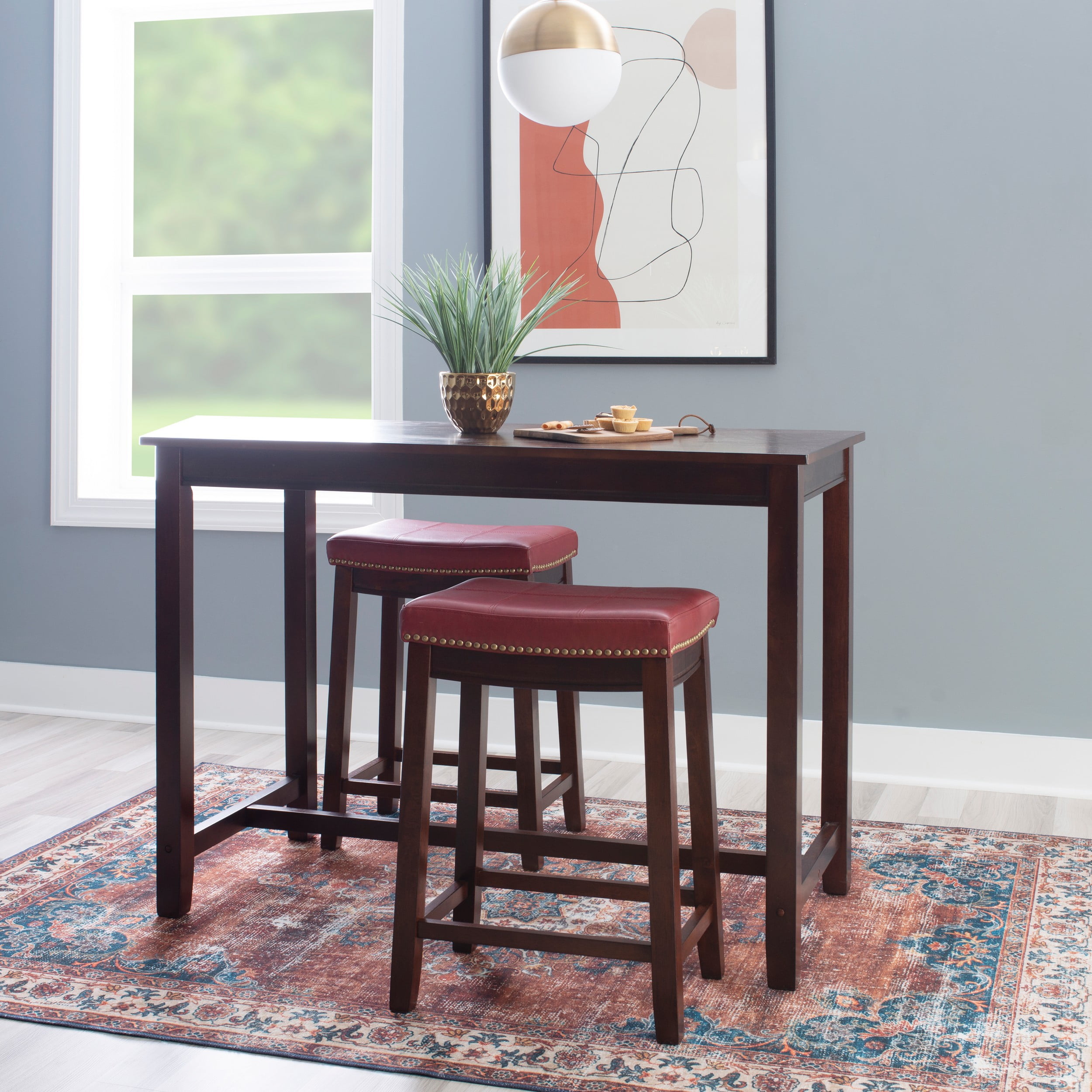 Linon Claridge 3 Piece Counter Height Tavern Set Brown with Red