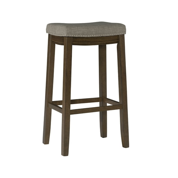 Linon Claridge 32.25" Backless Wood Bar Stool, Rustic Brown with Gray Linen Fabric, Includes 1 Stool