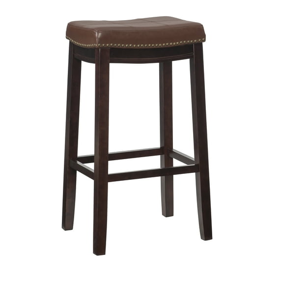 Linon Claridge 32.25" Backless Wood Bar Stool, Dark Brown/Cognac Faux Leather, Includes 1 Stool