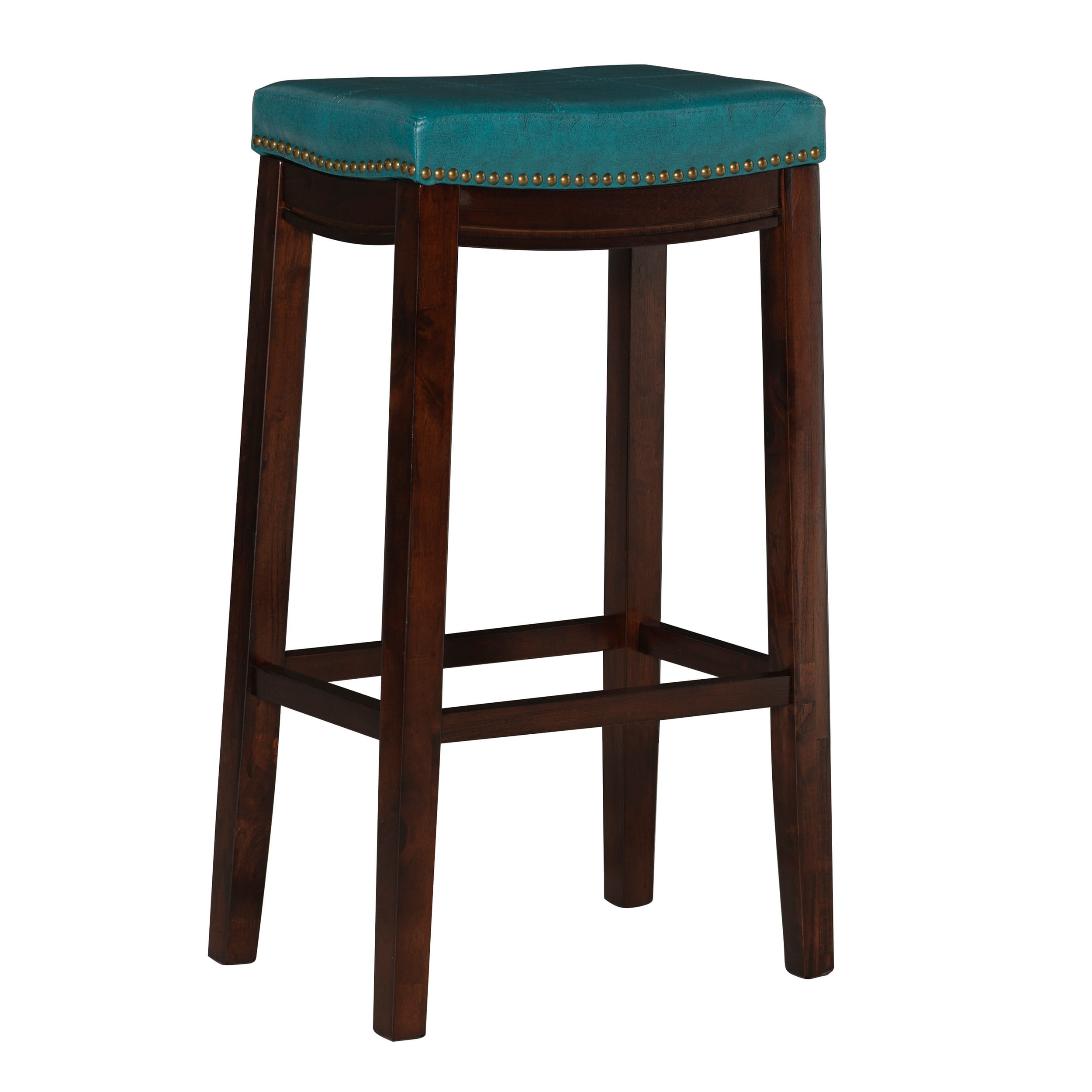 Claridge Dark Brown & Blue Faux Leather 32" Backless Saddle Bar Stool