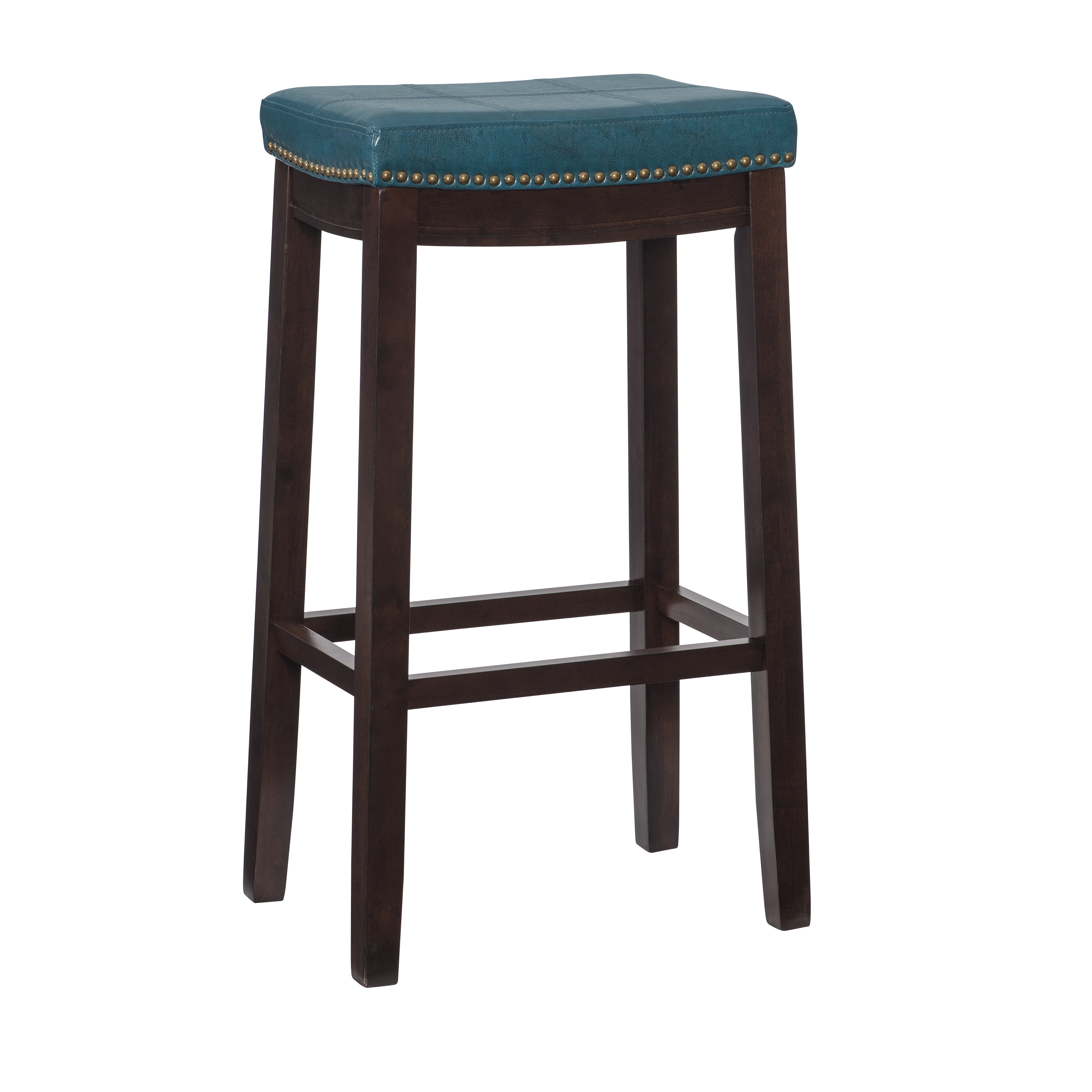 Claridge Dark Brown & Blue Faux Leather 32" Backless Saddle Bar Stool