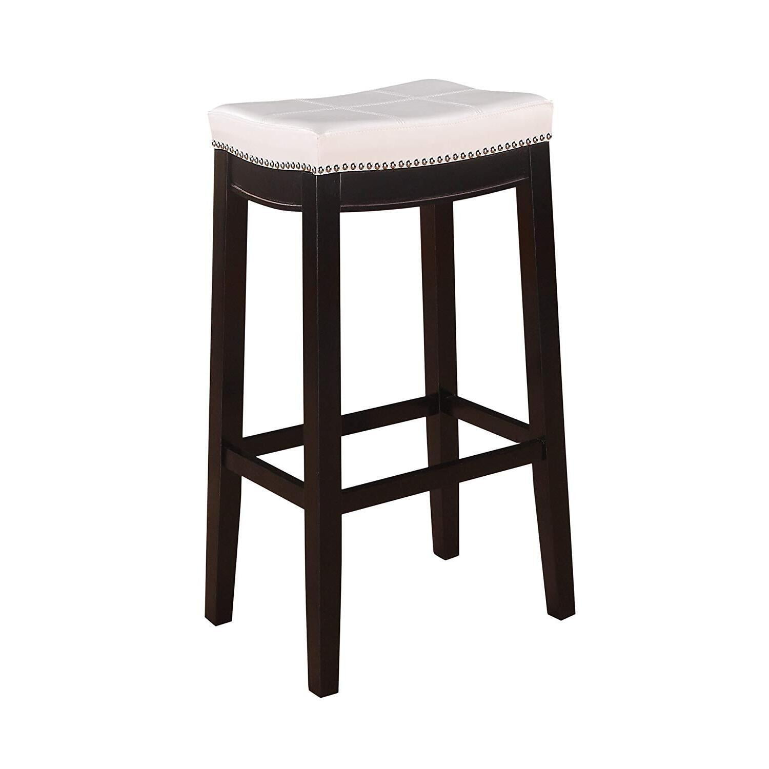 32" White Leather Saddle Style Backless Wood Bar Stool